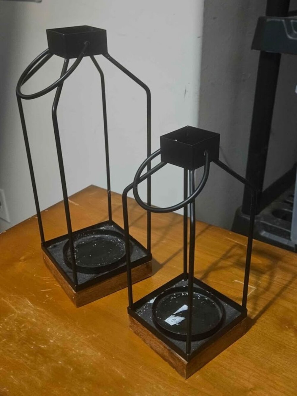 Black Metal and Wood Lantern Candle Holders - Set of 2